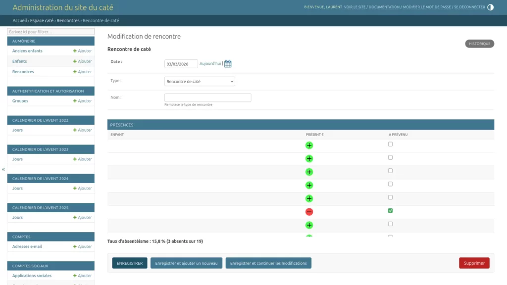 Interface de gestion des présences