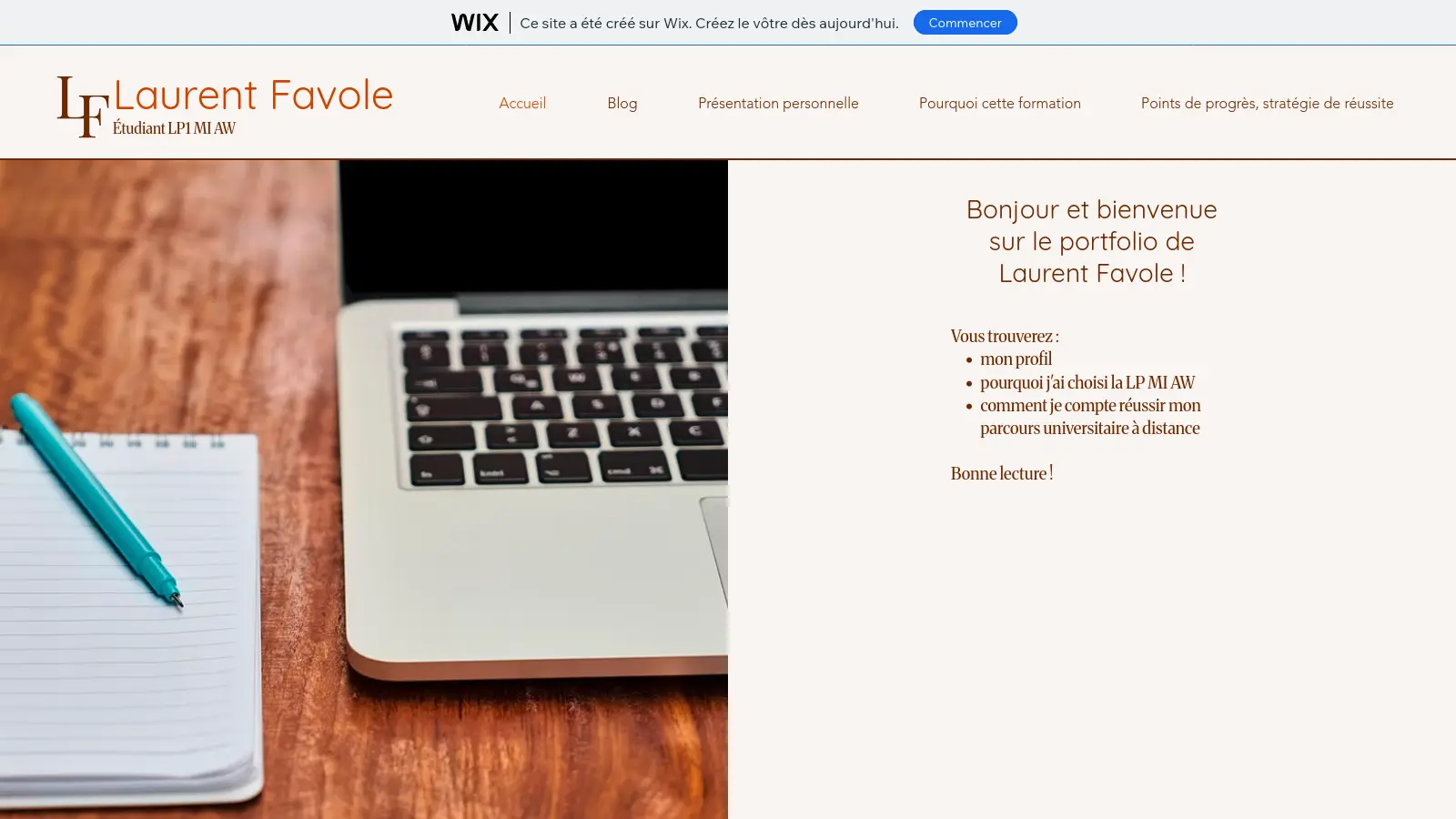 Page d'accueil du site Wix